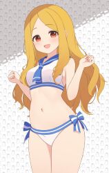  1girl absurdres alternate_costume blonde_hair blush breasts clenched_hands commentary_request hazuki_lime highres idolmaster idolmaster_cinderella_girls long_hair looking_at_viewer mochizuki_hijiri navel parted_bangs sailor_bikini sailor_collar sailor_swimsuit_(idolmaster) small_breasts smile solo stomach very_long_hair  rating:Sensitive score:4 user:danbooru