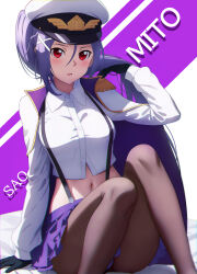  1girl absurdres black_gloves blush collar collared_shirt commentary_request crop_top gloves hair_ornament hat highres leggings long_hair long_sleeves looking_at_viewer midriff mito_(sao) navel nuguri444 open_mouth pleated_skirt ponytail purple_hair purple_skirt red_eyes shirt sitting skirt solo sword_art_online white_shirt 
