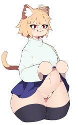  ahoge ass blonde_hair bottomless cleft_of_venus clothes_lift highres huge_ass lazy_pudding lifted_by_self melty_blood neco-arc no_panties original pussy red_eyes self-upload short_hair skirt skirt_lift tsukihime type-moon white_background wide_hips  rating:Explicit score:104 user:BoringPudding