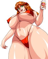  1girl absurdres alcione_makoto alternate_breast_size alternate_eye_color bare_legs bare_shoulders bikini cameltoe can cleft_of_venus curvy earrings green_eyes hair_ornament highres holding holding_can interface_headset jewelry long_hair looking_at_viewer neon_genesis_evangelion nipples red_bikini shiny_skin smile solo souryuu_asuka_langley swimsuit thong thong_bikini transparent_background two_side_up very_long_hair wide_hips 