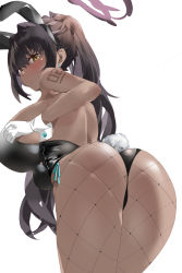  1girl artist_request ass bare_shoulders black_hair blue_archive blush breasts dark_skin fishnet_pantyhose fishnets from_behind gloves halo highres huge_ass karin_(blue_archive) karin_(bunny)_(blue_archive) large_breasts leotard long_hair looking_at_viewer looking_back pantyhose playboy_bunny ponytail rabbit_ears rabbit_tail shiny_clothes shiny_skin sideboob skindentation solo tail thick_thighs thighs very_long_hair yellow_eyes  rating:Questionable score:28 user:armorcrystal