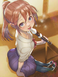  1girl ass black_pantyhose blue_eyes blue_skirt blush bowtie brown_hair desk flute from_behind holding holding_instrument indoors instrument looking_at_viewer medium_hair original paid_reward_available pantyhose pleated_skirt ponytail recorder red_bow red_bowtie saliva school_desk school_uniform sexually_suggestive shirt shoes short_hair skirt solo soon_(c-u-soon) tongue tongue_out uwabaki white_shirt 