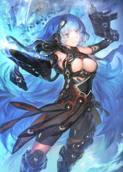 1girl aritoki_ritsu arm_cannon armor armpits bare_shoulders black_gloves blue_eyes blue_hair bodysuit boots breasts capelet cleavage cleavage_cutout clothing_cutout colored_eyelashes cowboy_shot dual_wielding elbow_gloves female_focus finger_on_trigger gloves gradient_background gradient_hair greaves grin gun headgear highres holding holding_weapon large_breasts long_hair looking_at_viewer matching_hair/eyes mecha_musume armored_boots multicolored_hair original outstretched_arm skirt smile solo submachine_gun thigh_boots thighhighs underboob unitard very_long_hair wavy_hair weapon