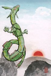  absurdres animal_focus claws closed_mouth creatures_(company) day dragon dragon_tail fine_art_parody flying full_body game_freak gen_3_pokemon highres ink_(medium) legendary_pokemon looking_up nintendo no_humans official_art outdoors painting_(medium) parody pokemon pokemon_(creature) rayquaza sharp_teeth sky tail teeth traditional_media watercolor_(medium) 