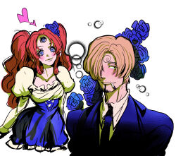 1boy 1girl absurdres blonde_hair blue_dress blue_eyes blue_flower blue_jacket blush brown_hair charlotte_pudding cigarette closed_mouth cross-laced_clothes cross-laced_dress curly_eyebrows dress flower heart highres jacket juliet_sleeves long_hair long_sleeves mouth_hold one_piece puffy_sleeves rita_ya sanji_(one_piece) short_hair smile third_eye twintails