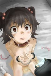  1girl akagi_miria anal_beads bed_sheet black_hair blush bound bound_wrists brown_eyes censored chain collar collarbone controller crying crying_with_eyes_open cuffs egg_vibrator electricity eyebrows female_focus flat_chest groin hair_bobbles hair_ornament handcuffs idolmaster idolmaster_cinderella_girls leash loli looking_up mosaic_censoring navel no_shoes nude on_bed open_mouth peeing remote_control remote_control_vibrator scared sex_toy sincos sitting socks solo spread_legs stun_gun tears two_side_up vibrator wariza wavy_mouth white_socks  rating:Explicit score:136 user:Domestic_Importer