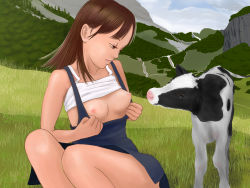  1girl animal breasts breasts_out brown_hair calf clothes_lift clothes_pull cow dress dress_pull grass highres ikumo_jp long_hair nature no_bra on_grass original outdoors presenting shirt_lift sitting small_areolae small_breasts small_nipples 