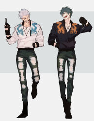  2boys absurdres anger_vein arguing black_footwear black_gloves black_jacket blue_eyes brown_eyes chain chain_necklace collared_jacket denim dragon_print facial_scar fate/grand_order fate_(series) full_body gloves green_hair grey_hair hair_slicked_back hand_in_pocket haruakira highres jacket jeans jewelry male_focus middle_finger multiple_boys nagakura_shinpachi_(fate) necklace open_mouth pants partially_unzipped saitou_hajime_(fate) scar scar_on_cheek scar_on_face shirt short_hair thumbs_down white_jacket white_shirt 