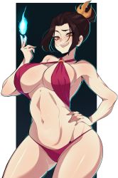  1girl avatar:_the_last_airbender avatar_legends azula bikini black_hair blue_fire breasts commentary commission cowboy_shot element_bending english_commentary fire hair_bun hair_ornament hand_on_own_hip highres large_breasts looking_at_viewer navel o-ring o-ring_bikini pyrokinesis single_hair_bun solo swimsuit tongue tongue_out topknot yoshiikirablr  rating:Sensitive score:155 user:danbooru