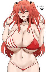  1girl ;d absurdres bikini black_choker black_hair black_nails blush breasts choker cleavage covered_erect_nipples double_v hair_ornament hands_up highres hotate-chan huge_breasts looking_at_viewer mole mole_on_breast mole_under_eye multicolored_hair nail_polish navel navel_piercing one_eye_closed open_mouth original piercing red_hair red_nails simple_background smile streaked_hair swimsuit two-tone_bikini underboob v white_background yellow_eyes  rating:Questionable score:69 user:danbooru
