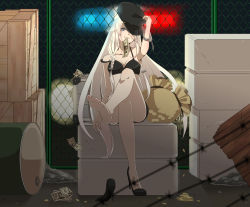 1girl barefoot blonde_hair blue_eyes braid car crossed_legs cuffs feet handcuffs hat high_heels highres ia_(vocaloid) long_hair long_legs money motor_vehicle mouth_hold nokko police_car shoes single_shoe sitting smile soles solo toes twin_braids vehicle very_long_hair vocaloid rating:Sensitive score:47 user:danbooru