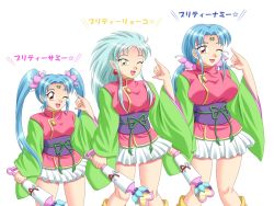  3girls :d \m/ blue_hair boots cosplay earrings facial_mark fang flower forehead_mark freckles hair_flower hair_ornament jewelry konami_tokiko long_hair long_sleeves magical_girl mahou_shoujo_pretty_sammy masaki_sasami_jurai multiple_girls obi one_eye_closed open_mouth pink_eyes pleated_skirt pointy_ears pretty_sammy pretty_sammy_(character) pretty_sammy_(cosplay) ryouko_(tenchi_muyou!) sash sidelocks skirt smile spiked_hair tenchi_muyou! translation_request tsunami_(tenchi_muyou!) twintails wand wink yellow_eyes 