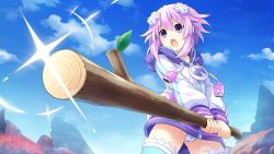  1girl brave_neptune cameltoe choker d-pad d-pad_hair_ornament game_cg hair_ornament highres looking_at_viewer neptune_(neptunia) neptune_(series) official_art panties pantyshot purple_eyes purple_hair short_hair smile solo standing stick striped_clothes striped_panties sunrise_stance sword thighhighs third-party_edit tsunako underwear weapon wooden_sword  rating:Sensitive score:36 user:MynalasAlas