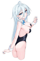  1girl absurdres arm_behind_back ass backless_leotard black_leotard blue_bow blue_bowtie blue_eyes blue_hair blue_nails bow bowtie breasts cleavage detached_collar expressionless from_behind from_side hair_between_eyes hand_up highres leotard light_blue_hair light_frown long_hair looking_at_viewer looking_back medium_breasts messy_hair nail_polish original solo very_long_hair white_hair wrist_cuffs yume_(454565427) 