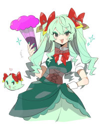  2girls bow bow_(paper_mario) bowtie commentary_request creature_and_personification cropped_legs dress empty_eyes eyeshadow green_dress green_eyes green_hair green_nails hair_bow hand_fan hand_on_own_hip highres holding holding_fan kawasaki_(kwsk_8765) long_hair looking_at_viewer makeup mario_(series) multiple_girls nail_polish nintendo open_mouth paper_mario paper_mario:_the_thousand_year_door personification puffy_short_sleeves puffy_sleeves red_bow red_bowtie shirt short_sleeves sidelocks simple_background smug sparkle wavy_hair white_background white_shirt white_wrist_cuffs wrist_cuffs 