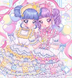  2girls animal_print balloon blue_eyes blue_hair blunt_bangs center_frills closed_mouth commentary_request cowboy_shot dress frilled_dress frills heart_balloon highres holding_hands interlocked_fingers lolita_fashion long_hair looking_at_viewer multiple_girls open_mouth pink_ribbon player_character_(pripara) pretty_series pripara puffy_short_sleeves puffy_sleeves purple_eyes purple_hair rabbit_print ribbon short_hair short_sleeves smile sparkle standing sweet_lolita twintails white_dress wrist_cuffs yuni_(ramm_sweet) 