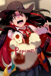  1girl aged_down black_dress black_hair breasts brown_hat cowboy_hat crying dress echo_(circa) fate/grand_order fate_(series) food gun hat ishtar_(fate) katana long_hair long_sleeves looking_at_viewer multicolored_hair open_mouth parted_bangs popcorn red_eyes red_hair shirt small_breasts solo space_ishtar_(fate) sword two-tone_hair two_side_up weapon white_shirt 
