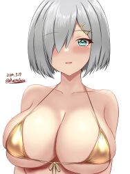  1girl bikini commentary_request dated dated_commentary front-tie_bikini_top front-tie_top gold_bikini grey_hair hair_ornament hairclip halterneck hamakaze_(kancolle) highres kantai_collection looking_at_viewer micro_bikini montemasa open_mouth short_hair smile solo swimsuit upper_body white_background  rating:Sensitive score:11 user:danbooru