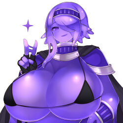  1girl armor bikini bikini_armor blue_cape breasts cape cleavage colored_skin fingerless_gloves gloves hair_over_one_eye hairband hand_up highres huge_breasts looking_at_viewer micro_bikini monster_girl one_eye_covered open_mouth original pauldrons peace_symbol plump purple_eyes purple_hair purple_skin purple_theme short_hair_with_long_locks shoulder_armor slime_girl smile solo swimsuit victory_pose  rating:Questionable score:27 user:girlsetsfire