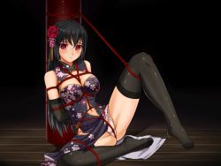  1girl bare_shoulders bdsm black_hair black_thighhighs bondage bound breasts china_dress chinese_clothes cleavage dress flower gloves hair_flower hair_ornament highres long_hair midnight_(banyex) original red_eyes solo thighhighs underwear  rating:Explicit score:55 user:danbooru