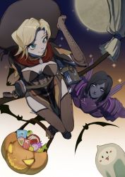 2girls black_hair blue_eyes boots breasts brown_footwear brown_gloves cleavage colored_skin commentary elbow_gloves english_commentary flying gloves halloween halloween_bucket highres medium_breasts mercy_(overwatch) moon multiple_girls official_alternate_costume overwatch overwatch_1 pachimari parted_lips pharah_(overwatch) possessed_pharah purple_skin short_hair si_yu_anle smile thigh_boots thighhighs white_eyes witch_mercy 