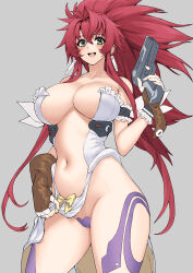  1girl absurdres bare_shoulders blush breasts brown_gloves cleavage dress earrings fingerless_gloves gloves green_eyes gun handgun highres himeki_luna holding holding_gun holding_weapon huge_breasts jewelry large_breasts long_hair looking_at_viewer maebari navel open_clothes open_dress ponytail red_hair sidelocks smile solo vanguard_princess weapon white_dress whoosaku 
