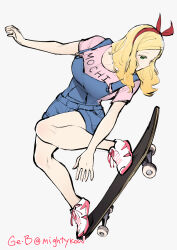  1girl absurdres artist_name blonde_hair breasts carol_olston closed_mouth clothes_writing full_body ge-b green_eyes grey_background hairband highres large_breasts looking_to_the_side medium_hair overalls pink_shirt red_hairband shirt shoes short_sleeves simple_background skateboard skateboarding smile sneakers solo tomo-chan_wa_onna_no_ko white_footwear  rating:Sensitive score:18 user:danbooru
