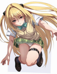  1girl belt blonde_hair bow bowtie brown_eyes brown_footwear fu-ta gradient_background green_bow green_bowtie green_skirt grey_background hair_between_eyes highres konjiki_no_yami loafers long_hair looking_at_viewer panties pantyshot parted_lips shirt shoes short_sleeves skirt solo sweater_vest thigh_belt thigh_strap to_love-ru two_side_up underwear very_long_hair white_panties white_shirt yellow_sweater_vest 