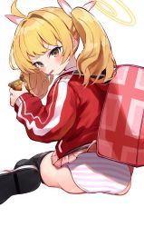 1girl accidental_exposure ass backpack bag black_thighhighs blonde_hair blue_archive blush box brown_eyes commentary food_in_mouth hair_ribbon halo highres holding holding_box holding_snack jacket kiomota long_hair long_sleeves looking_at_viewer looking_back miniskirt mouth_hold panties pantyshot pink_bag pink_panties pink_skirt pleated_skirt randoseru red_jacket ribbon shoes simple_background sitting skirt skirt_flip sneakers solo striped_clothes striped_panties thighhighs track_jacket twintails two-tone_panties underwear wafer_stick wariza white_background white_footwear white_panties yoshimi_(blue_archive) rating:Sensitive score:49 user:danbooru