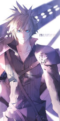  1boy aqua_eyes black_shirt black_sleeves blonde_hair closed_mouth cloud_strife collarbone cowboy_shot final_fantasy final_fantasy_vii final_fantasy_vii_advent_children fusion_swords hair_between_eyes highres holding holding_sword holding_weapon looking_at_viewer male_focus over_shoulder popped_collar shirt short_hair single_bare_shoulder single_shoulder_pad single_sleeve solo spiked_hair sword tsukini_shigure twitter_username waist_cape weapon weapon_over_shoulder white_background 