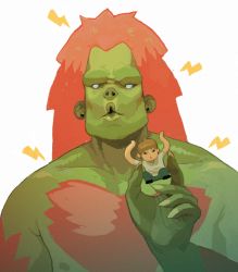  2boys :o blanka character_doll chest_hair colored_skin commentary contraomnes fingernails green_skin multiple_boys ono_yoshinori orange_hair pouty_lips role_reversal sharp_fingernails simple_background street_fighter white_eyes 