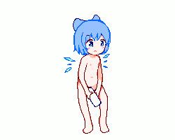  1girl animated animated_gif bar_censor blue_bow blue_eyes blue_hair bottle bow censored cirno flat_chest hair_bow hinainf ice ice_wings loli lowres nipples nude open_mouth peeing peeing_in_bottle pixel_art short_hair simple_background solo standing touhou white_background wings  rating:Explicit score:175 user:illegal_sucс