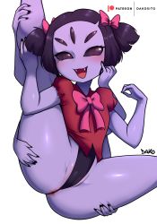  1girl :d anus arthropod_girl artist_name ass black_hair black_nails blush bottomless bow bowtie cameltoe cleft_of_venus colored_skin dako_(dakosito) extra_arms extra_eyes fangs hair_bow hair_ornament highres insect_girl leg_up looking_at_viewer muffet nail_polish open_mouth purple_skin red_shirt shirt simple_background smile solo spider_girl split spread_legs thick_thighs thighs thong undertale underwear white_background  rating:Explicit score:103 user:danbooru