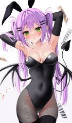  1girl absurdres animal_ears arms_behind_head black_gloves black_thighhighs black_wings blush breasts commentary covered_navel cowboy_shot demon_tail demon_wings ear_piercing elbow_gloves fake_animal_ears floating_card gloves green_eyes hair_ornament hairclip heart heart-shaped_pupils highleg highleg_leotard highres hololive large_breasts leotard long_hair looking_at_viewer pantyhose parted_lips piercing playboy_bunny purple_hair rabbit_ears solo strapless strapless_leotard symbol-shaped_pupils tail thighhighs tokoyami_towa twintails utekiro virtual_youtuber wings 