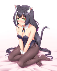  1girl animal_ear_fluff animal_ears bare_shoulders black_hair blush breasts cat_ears cat_girl cat_tail closed_mouth collarbone commentary_request detached_collar fake_animal_ears green_eyes highres karyl_(princess_connect!) kittysuit leotard long_hair looking_at_viewer low_twintails medium_breasts multicolored_hair nontraditional_playboy_bunny pantyhose playboy_bunny princess_connect! rabbit_ears simple_background solo streaked_hair surume_(clavis) tail twintails white_background white_hair 