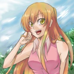  1girl adjusting_hair aivis breasts code_geass female_focus green_eyes long_hair nature open_mouth orange_hair outdoors plant shirley_fenette sky solo 