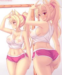 1girl animal_ear_fluff animal_ears ass blonde_hair breasts cat_ears commentary curvy english_commentary highres large_breasts licking_lips long_hair looking_at_viewer looking_back midriff navel nipples no_bra nottytiffy original patreon_username ponytail red_eyes reflection see-through short_shorts shorts slit_pupils smile solo stomach tank_top thick_thighs thighs tiffy_(nottytiffy) tongue tongue_out watermark web_address white_background wide_hips rating:Questionable score:140 user:danbooru