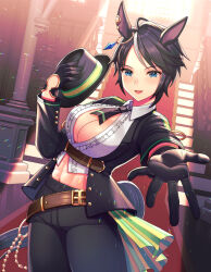 1girl abs ahoge animal_ears belt black_gloves black_hair black_hat black_jacket black_pants blue_eyes breasts brown_belt center_opening cleavage commentary_request cowboy_shot ear_ornament fuji_kiseki_(umamusume) gloves hair_between_eyes hat highres holding holding_clothes holding_hat horse_ears horse_girl horse_tail indoors jacket large_breasts midriff multicolored_hair nanakichi navel outstretched_arm pants shirt short_hair solo streaked_hair tail umamusume white_hair white_shirt