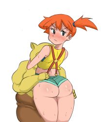 1girl 1other ass bare_shoulders blush breasts creatures_(company) drowzee from_behind frown game_freak gen_1_pokemon green_eyes highres hug huge_ass long_hair looking_at_viewer looking_back misty_(pokemon) nintendo orange_hair pokemon pokemon_(anime) pokemon_(classic_anime) pokemon_(creature) rider_117 shiny_skin short_shorts shorts side_ponytail sideboob sweat thick_thighs thighs rating:Questionable score:120 user:armorcrystal