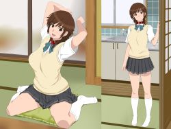 1girl amagami arms_up bow bowtie breasts brown_eyes brown_hair collar cottage highres kitchen kneeling large_breasts looking_at_viewer open_mouth sakurai_rihoko school_uniform short_hair skirt smile socks standing rating:Sensitive score:20 user:UltraPerv88