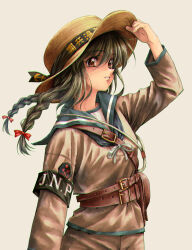  1girl absurdres belt braid brown_eyes commentary grey_hair hat highres holster imperial_japanese_navy long_hair longmei_er_de_tuzi looking_to_the_side military military_uniform original parted_lips retro_artstyle sailor smile solo straw_hat twin_braids uniform world_war_ii 