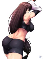 1girl armpits artist_name ass bike_shorts black_shorts black_sports_bra breasts brown_eyes butt_crack elbow_gloves covered_erect_nipples final_fantasy final_fantasy_vii final_fantasy_vii_remake gloves highres huge_ass jmg large_breasts long_hair looking_at_viewer looking_back low-tied_long_hair muscular muscular_female shorts sideboob simple_background solo sports_bra tifa_lockhart toned undressing very_long_hair white_background rating:Questionable score:64 user:armorcrystal