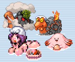  1girl all_fours animal ass basket bent_over blush breasts chansey creatures_(company) egg fire game_freak gen_1_pokemon gen_2_pokemon gen_3_pokemon large_breasts lava leaning_forward long_hair looking_at_viewer magcargo nintendo nude one_eye_closed onsen open_mouth partially_submerged pixel_art poke_ball poke_ball_(basic) pokemon pokemon_(creature) purple_eyes purple_hair saiwai_hiroshi smile smoke snail torkoal towel towel_on_head turtle water wink  rating:Questionable score:13 user:cpee