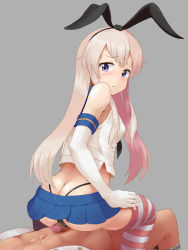 10s 1boy 1girl admiral_(kancolle) ass bad_id bad_pixiv_id black_panties blue_eyes blue_skirt blush butt_crack censored cum elbow_gloves gloves grey_background grinding hairband hetero highleg highleg_panties highres kantai_collection long_hair looking_at_viewer looking_back panties penis purple_eyes raseruta shimakaze_(kancolle) simple_background sitting sitting_on_person skirt striped_clothes striped_thighhighs thighhighs underwear white_gloves white_hair rating:Explicit score:24 user:danbooru