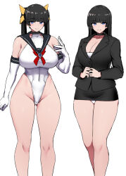  1girl bare_shoulders black_hair blue_eyes blunt_bangs blush breasts business_suit cleavage commentary_request dress elbow_gloves feet_out_of_frame formal gloves gluteal_fold highleg highleg_leotard ishimiso_(ishimura) large_breasts leotard long_hair looking_at_viewer microdress microskirt office_lady original panties pantyshot pencil_skirt shirt simple_background skirt skirt_suit smile solo standing suit thighs thong_leotard twintails underwear white_shirt wide_hips 