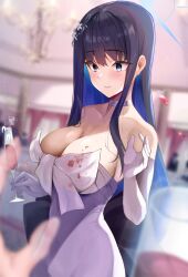  1girl absurdres alcohol bare_shoulders black_hair blue_archive blue_eyes blue_hair blurry blurry_foreground breasts champagne champagne_flute choker cleavage colored_inner_hair commentary_request cup dirty dirty_clothes drinking_glass elbow_gloves gloves halo highres holding holding_cup large_breasts long_hair multicolored_hair official_alternate_costume revision saori_(blue_archive) saori_(dress)_(blue_archive) sezok solo_focus spill two-tone_hair white_choker white_gloves 