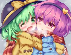 2girls :o ;d arm_up black_hat blue_coat blush breath cheek-to-cheek coat cold duffel_coat green_eyes green_hair grey_background hair_between_eyes hairband hat hat_ribbon heads_together heart holding holding_clothes holding_scarf hug komeiji_koishi komeiji_satori looking_at_another multiple_girls one_eye_closed open_mouth pink_eyes plaid plaid_scarf purple_hair ribbon scarf shared_clothes shared_scarf short_hair siblings sisters sleeves_past_wrists smile touhou unory upper_body winter yellow_coat rating:Sensitive score:2 user:danbooru