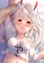  1boy 1girl areola_slip arm_up ayanami_(azur_lane) azur_lane bed_sheet breasts cleavage collarbone commander_(azur_lane) commentary_request hair_between_eyes headgear highres holding_hands long_hair looking_at_viewer lying midriff navel orange_eyes out_of_frame oversized_clothes oversized_shirt parted_lips ponytail pov see-through shirt short_sleeves sidelocks silver_hair sironora t-shirt triangle_mouth twitter_username wet wet_clothes white_shirt  rating:Questionable score:66 user:danbooru