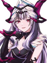  1girl black_choker black_hair breasts choker dark_persona dress fake_horns feather_hair_ornament feathers fire_emblem fire_emblem_engage gloves grey_hair hair_ornament highres horns long_hair looking_at_viewer multicolored_hair nintendo official_alternate_costume official_alternate_eye_color petite red_eyes smile solo tomo_shirasu two-tone_hair upper_body very_long_hair veyle_(fell_successor)_(fire_emblem) veyle_(fire_emblem) wavy_hair 