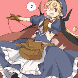  1girl apron bad_id bad_pixiv_id bag blonde_hair blue_dress blue_hat bow chiisanahana cloak dress gloves goggles goggles_on_head happy hat heart long_hair lowres marivel_armitage microphone music musical_note one_eye_closed open_mouth pink_background pointy_ears red_eyes ribbon simple_background singing solo vampire wild_arms wild_arms_2 wink 